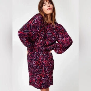 Essentiel Antwerp Abstract Gathered Long Sleeve Mini Dress Black Pink Red 6